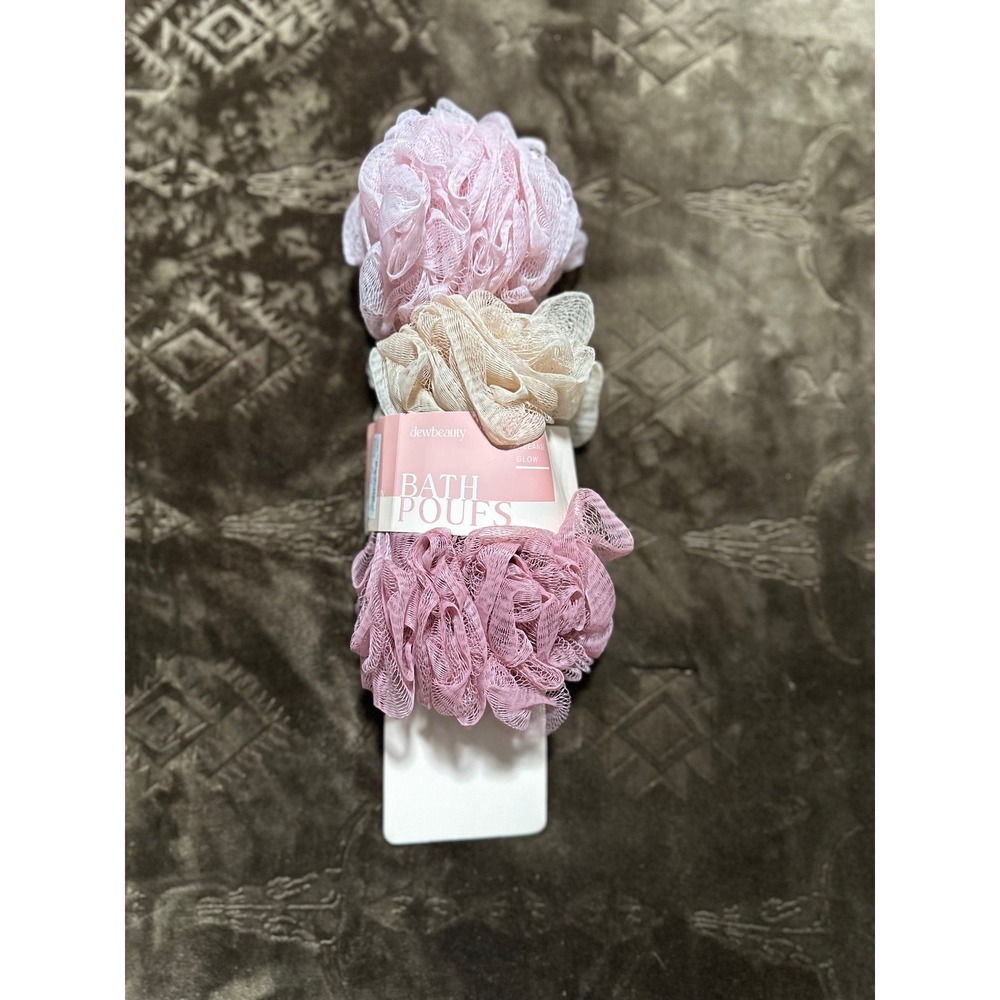 NWT Dewbeauty Bath Poufs 3-Pack Pink/Cream/Mauve